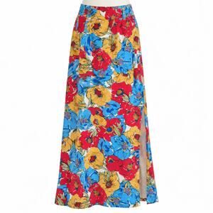 Neon Rose Floral Maxi Skirt Women's XS Blue Red Yellow Side Slit NWT